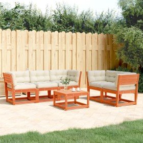 Set de sofás jardín 5 pzas con cojines madera pino marrón cera Set de sofás jardín 5 pzas con cojines madera pino marrón cera