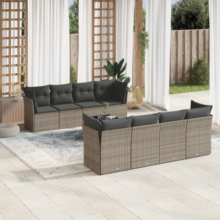 Set de muebles de jardín 9 pzas y cojines ratán sintético gris