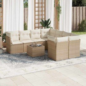 Set de sofás de jardín 9 pzas con cojines ratán sintético beige