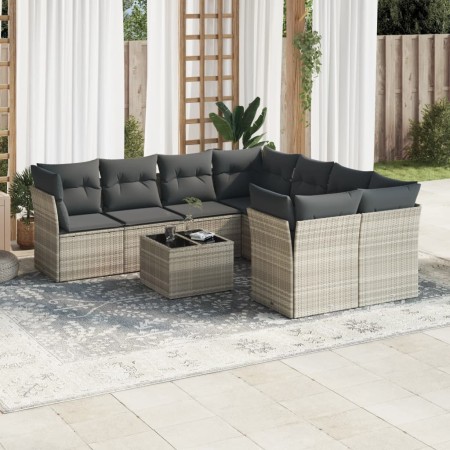 Set muebles jardín 9 pzas y cojines ratán sintético gris claro