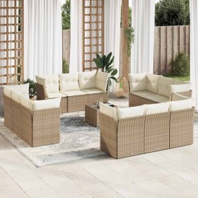 Set sofás de jardín con cojines 13 pzas ratán sintético beige