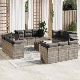 Set sofás de jardín con cojines 13 piezas ratán sintético gris