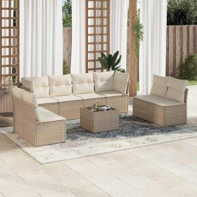 Set de sofás de jardín 9 pzas con cojines ratán sintético beige