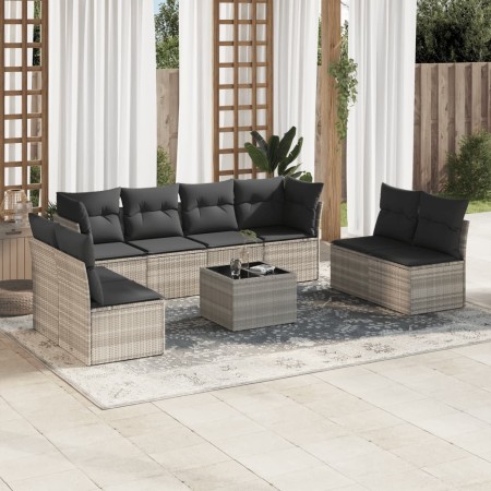 Set muebles jardín 9 pzas y cojines ratán sintético gris claro