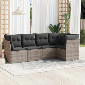 Set de sofás jardín y cojines 5 pzas ratán sintético gris claro
