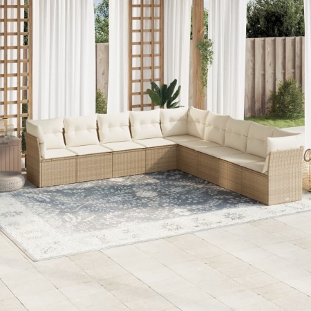 Set de sofás de jardín 9 pzas con cojines ratán sintético beige
