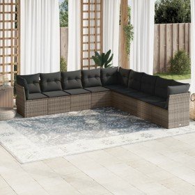 Set de muebles de jardín 9 pzas y cojines ratán sintético gris en Conjuntos de jardín | Comprar online en Foro24