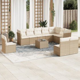 Set de sofás de jardín 11pzas con cojines ratán sintético beige Set de sofás de jardín 11pzas con cojines ratán sintético beige