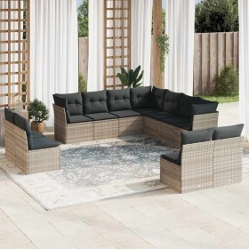 Set de sofás de jardín 11 pzas y cojines ratán sintético gris
