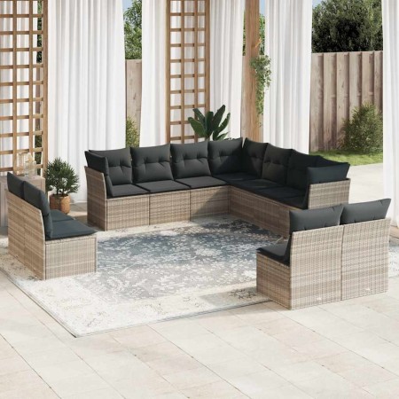 Set de sofás de jardín 11 pzas y cojines ratán sintético gris