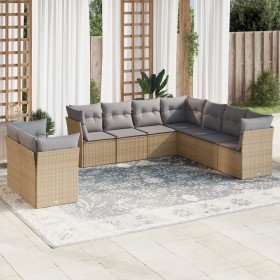 Set de sofás de jardín 9 pzas con cojines ratán sintético beige
