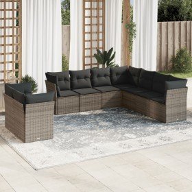 Set de muebles de jardín 9 pzas y cojines ratán sintético gris
