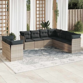 Set muebles jardín 9 pzas y cojines ratán sintético gris claro