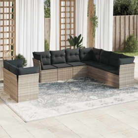 Set muebles jardín 9 pzas y cojines ratán sintético gris claro
