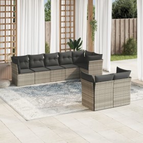 Set de sofás de jardín 8 pzas y cojines ratán sintético gris