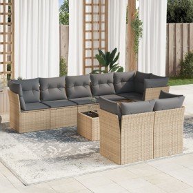 Set de sofás de jardín 9 pzas con cojines ratán sintético beige
