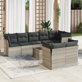 Set muebles jardín 9 pzas y cojines ratán sintético gris claro