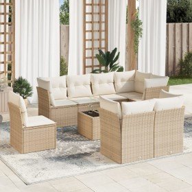 Set de sofás de jardín 9 pzas con cojines ratán sintético beige