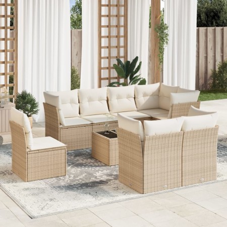 Set de sofás de jardín 9 pzas con cojines ratán sintético beige