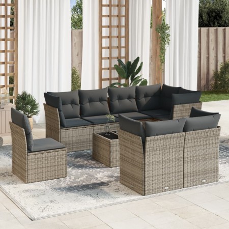 Set de muebles de jardín 9 pzas y cojines ratán sintético gris