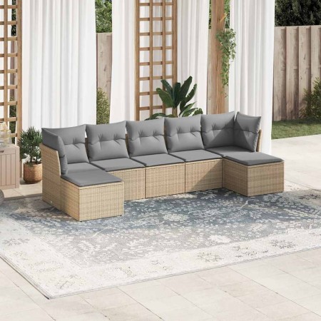 Set de sofás de jardín 7 pzas con cojines ratán PE gris claro