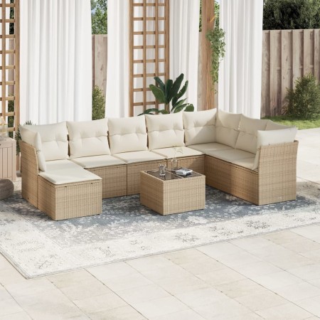 Set de sofás de jardín 9 pzas con cojines ratán sintético beige