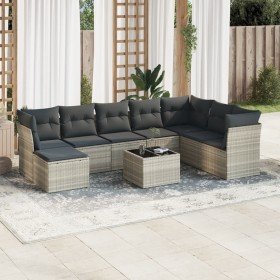 Set muebles jardín 9 pzas y cojines ratán sintético gris claro