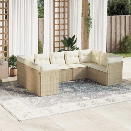 Set de sofás de jardín 9 pzas con cojines ratán sintético beige