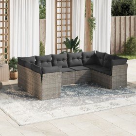 Set de muebles de jardín 9 pzas y cojines ratán sintético gris
