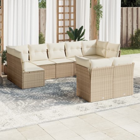 Set de sofás de jardín 9 pzas con cojines ratán sintético beige