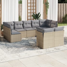 Set de sofás de jardín 9 pzas con cojines ratán sintético beige