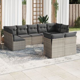 Set de muebles de jardín 9 pzas y cojines ratán sintético gris en Conjuntos de jardín | Comprar online en Foro24