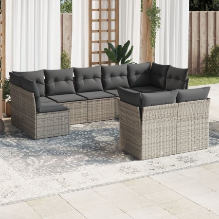 Set de muebles de jardín 9 pzas y cojines ratán sintético gris