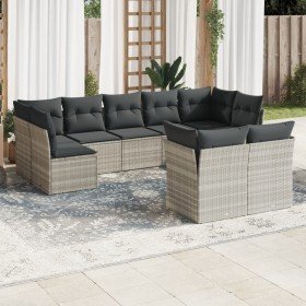 Set muebles jardín 9 pzas y cojines ratán sintético gris claro