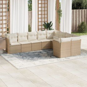 Set de sofás de jardín 9 pzas con cojines ratán sintético beige