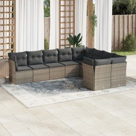 Set de muebles de jardín 9 pzas y cojines ratán sintético gris Set de muebles de jardín 9 pzas y cojines ratán sintético gris
