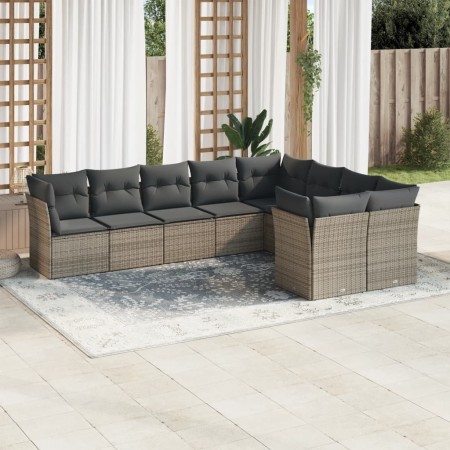 Set de muebles de jardín 9 pzas y cojines ratán sintético gris
