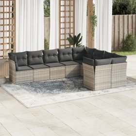 Set muebles jardín 9 pzas y cojines ratán sintético gris claro