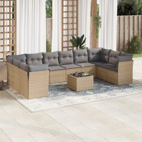 Set de sofás de jardín 11pzas con cojines ratán sintético beige