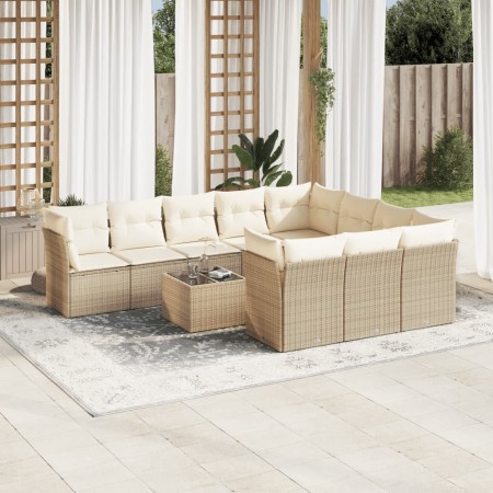 Set de sofás de jardín 11pzas con cojines ratán sintético beige