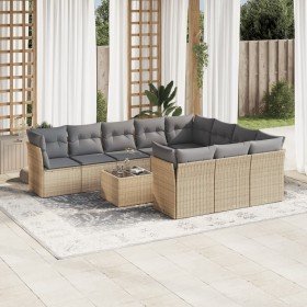 Set de sofás de jardín 11pzas con cojines ratán sintético beige Set de sofás de jardín 11pzas con cojines ratán sintético beige