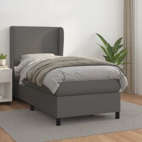 Cama box spring con colchón cuero sintético gris 90x190 cm