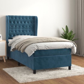 Cama box spring con colchón terciopelo azul oscuro 100x200 cm