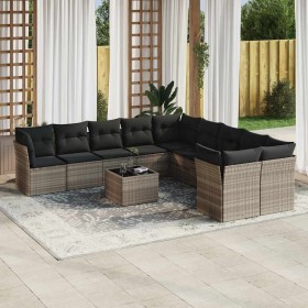 Set de sofás de jardín 11 pzas y cojines ratán sintético gris