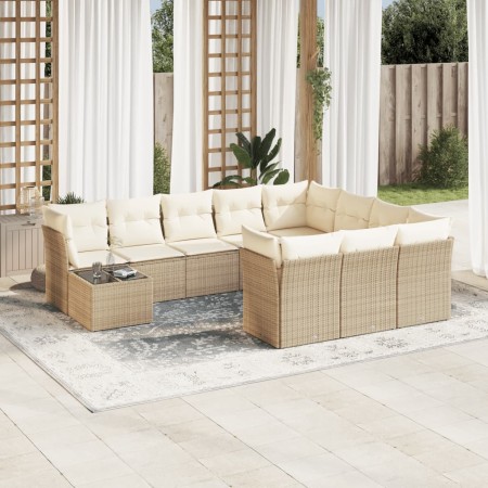 Set de sofás de jardín 11pzas con cojines ratán sintético beige