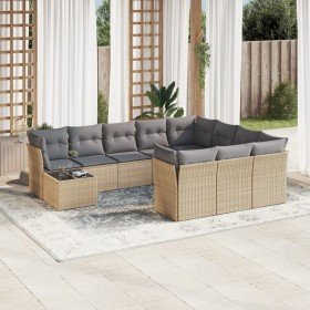 Set de sofás de jardín 11pzas con cojines ratán sintético beige Set de sofás de jardín 11pzas con cojines ratán sintético beige