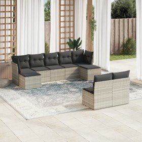 Set muebles jardín 9 pzas y cojines ratán sintético gris claro