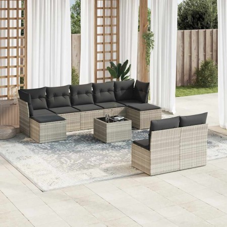 Set sofás jardín 10 pzas con cojines ratán sintético gris claro