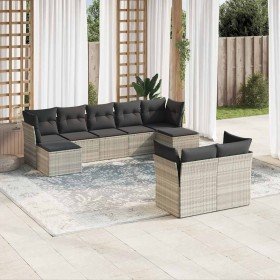Set muebles jardín 9 pzas y cojines ratán sintético gris claro