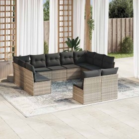 Set de sofás de jardín 11 pzas y cojines ratán sintético gris